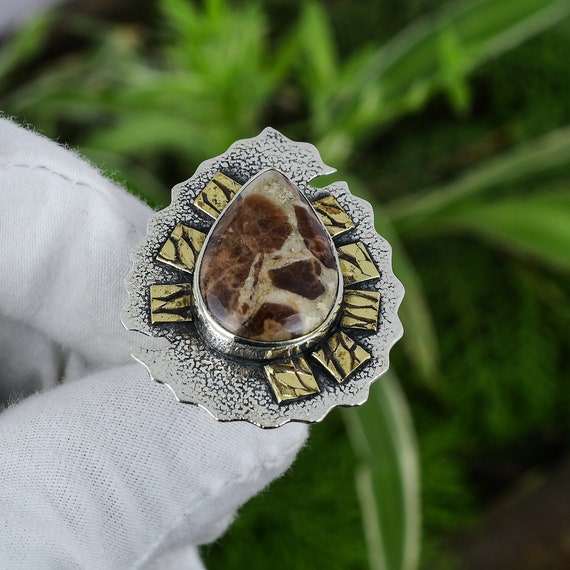 Handmade Spessartine Garnet Limestone Ring: 925 Sterling Silver, 18k Gold Flower, Adjustable