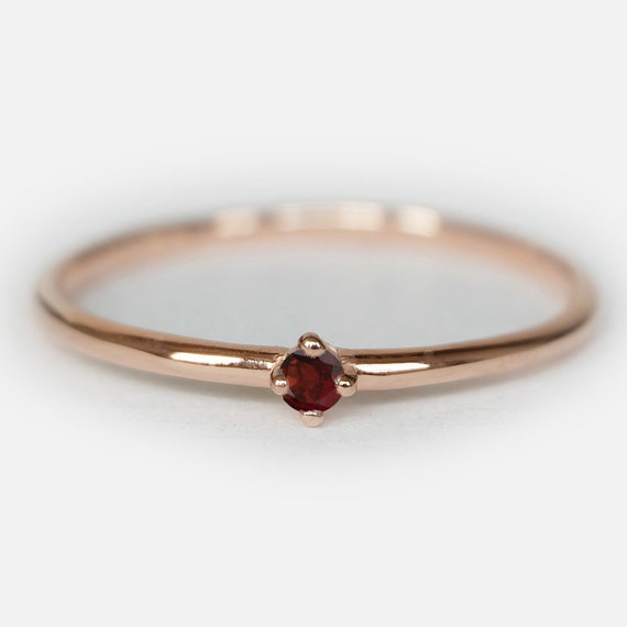 Minimalist Garnet Solitaire Ring, 14k Rose Gold Stacking Ring, January Birthstone Dainty Ring, Simple Garnet Promise Jewelry Gift For Her