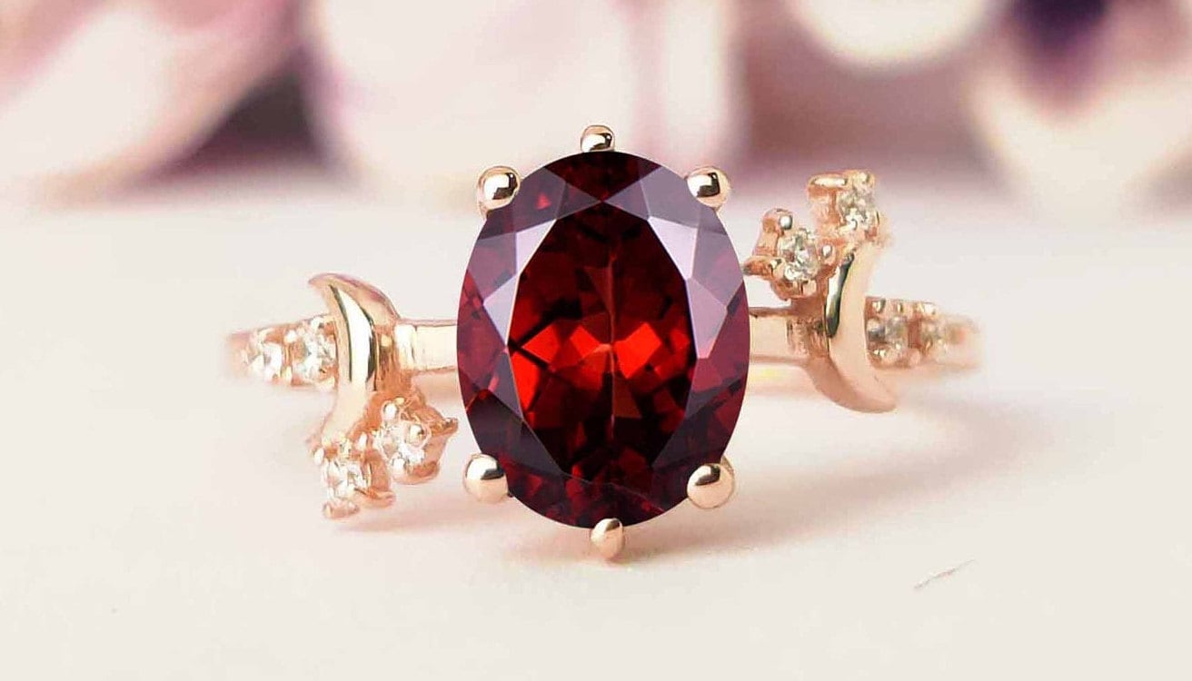 Moon Of My Life Red Garnet Engagement Ring 14k Rose Gold Garnet Bridal Ring Unique Art Deco Wedding Ring Antique Promise Anniversary Ring