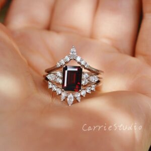 Natural Emerald Cut Red Garnet Ring Set/granet Engagement Ring/silver Garnet Jewelry For Women