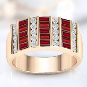 Natural Red Garnet Wedding Ring For Men Channel Set Baguette Cut Garnet Men Engagement Ring 14k Rose Gold Red Gemstone Men Ring Gift For Him