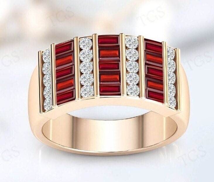 Natural Red Garnet Wedding Ring For Men Channel Set Baguette Cut Garnet Men Engagement Ring 14k Rose Gold Red Gemstone Men Ring Gift For Him