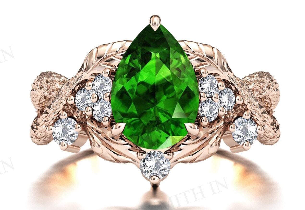 Pear Shaped Tsavorite Garnet Engagement Ring Nature Inspired Garnet Wedding Ring For Women Branch Texture Ring Art Deco Leaf Engagement Ring