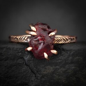 Raw Almandine Garnet Ring. Rustic Solid Gold or Silver Feather Textured 6 Prong Set Natural Uncut Garnet Stacking Everyday Ring