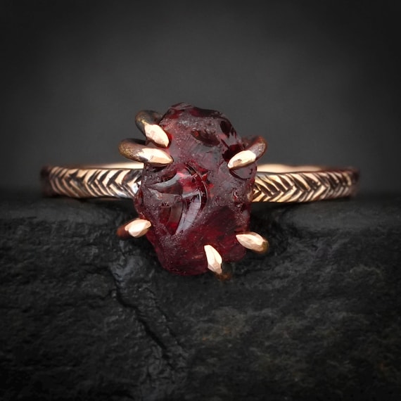 Raw Almandine Garnet Ring. Rustic Solid Gold Or Silver Feather Textured 6 Prong Set Natural Uncut Garnet Stacking Everyday Ring