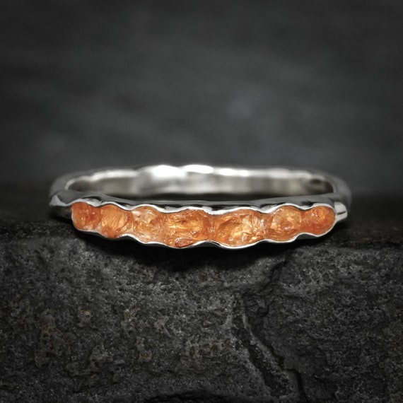 Raw Spessartite Garnet Band. Rustic Solid Gold Or Silver Bezel Tension Set Uncut Natural Orange Garnet Alternative Wedding Stacking Ring