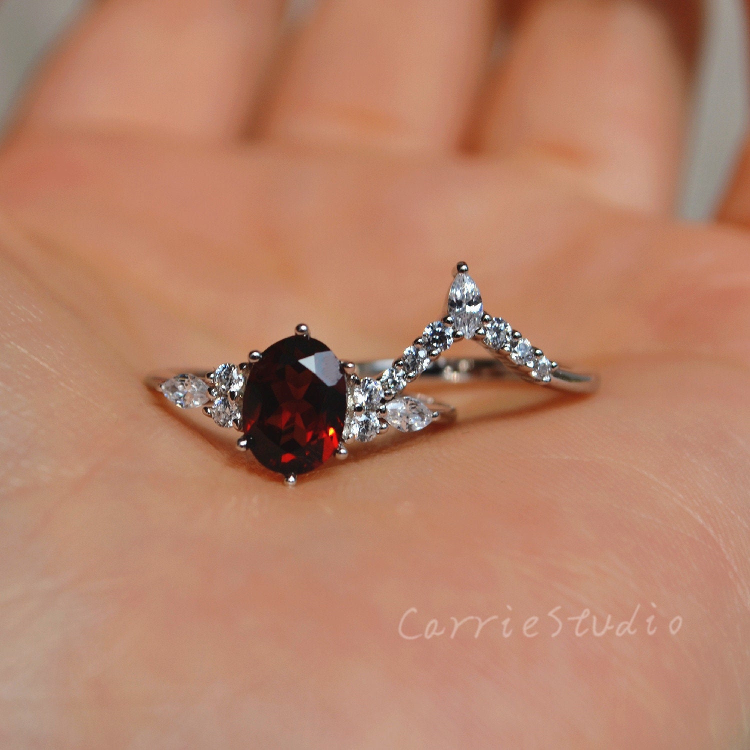 Red Garnet Ring Set/silver Oval Cut Garnet Promise Ring/red Gemstone Ring Stacking Garnet Jewelry