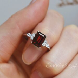 Red Garnet Ring/silver Emerald Cut Garnet Engagement Ring/red Gemstone Promise Ring