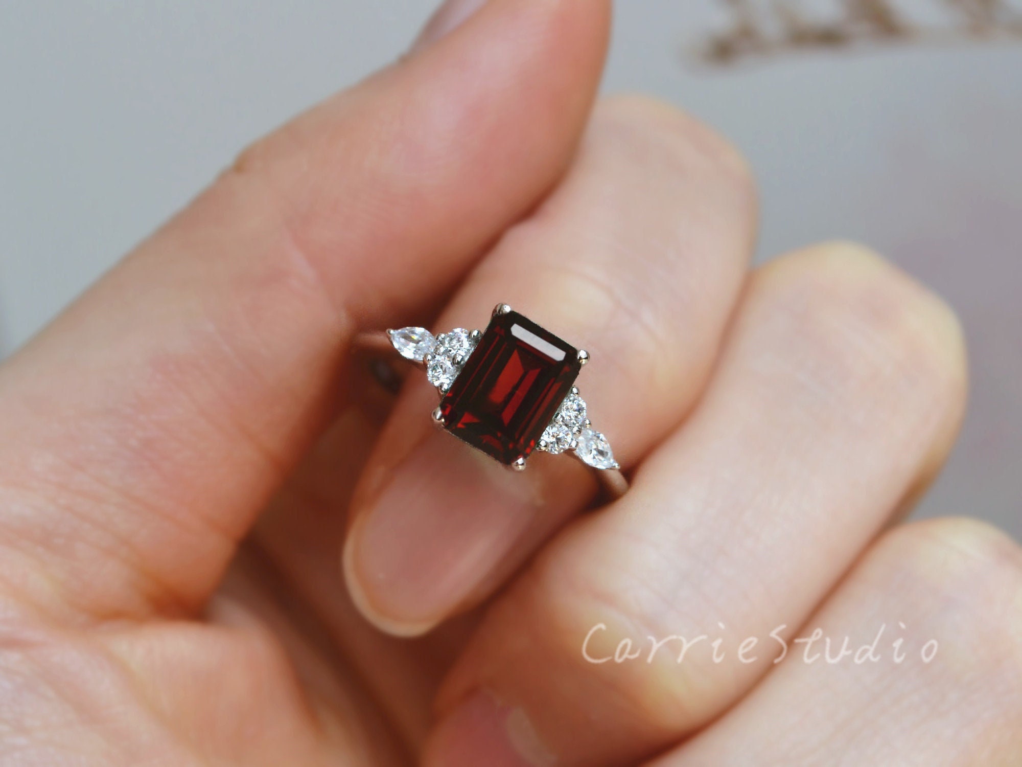 Red Garnet Ring/silver Emerald Cut Garnet Engagement Ring/red Gemstone Promise Ring Red Garnet Ring/silver Emerald Cut Garnet Engagement Ring/red Gemstone Promise Ring