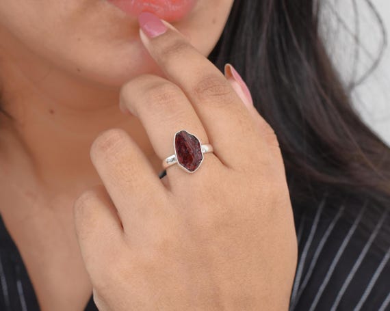 Rough Garnet Ring, Marquise Shape, 925 Sterling Silver, Red Color Stone, Simple Ring, Raw Stone Ring, Handmade Silver Ring, Made For Her