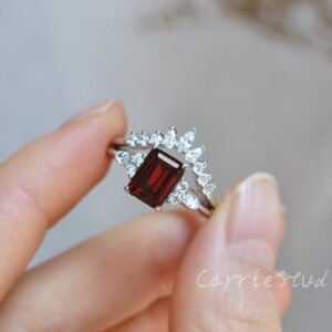 Silver Red Garnet Ring Set/emerald Cut Garnet Engagement Ring/red Gemstone Promise Ring