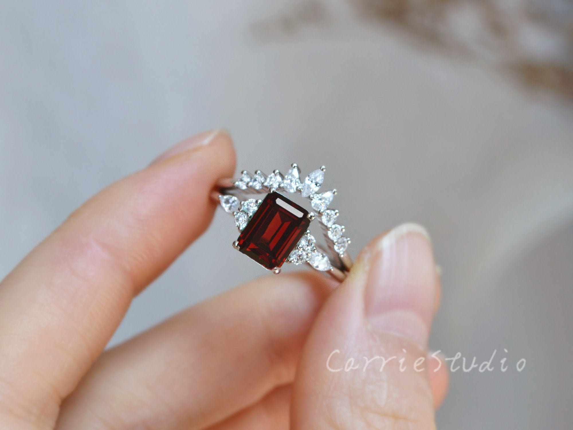 Silver Red Garnet Ring Set/emerald Cut Garnet Engagement Ring/red Gemstone Promise Ring Silver Red Garnet Ring Set/emerald Cut Garnet Engagement Ring/red Gemstone Promise Ring
