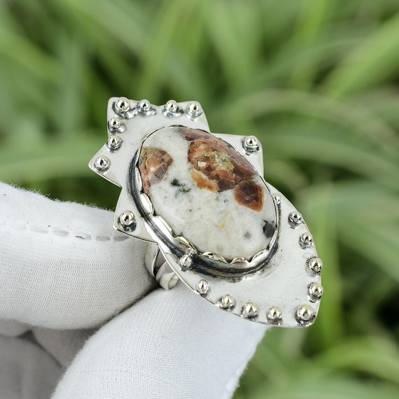 Spessartine Garnet In Limestone Ring: Handmade 925 Sterling Silver, Size 7