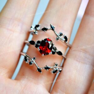 Unique Black Diamond Red Garnet Ring Set - Oval Red Garnet Engagement Ring Set Silver - January Birthstone Anniversary Ring Gift For Her
