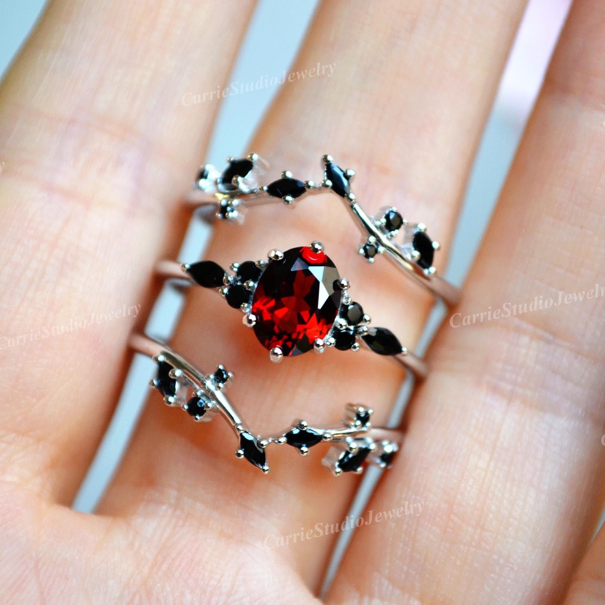 Unique Black Diamond Red Garnet Ring Set - Oval Red Garnet Engagement Ring Set Silver - January Birthstone Anniversary Ring Gift For Her