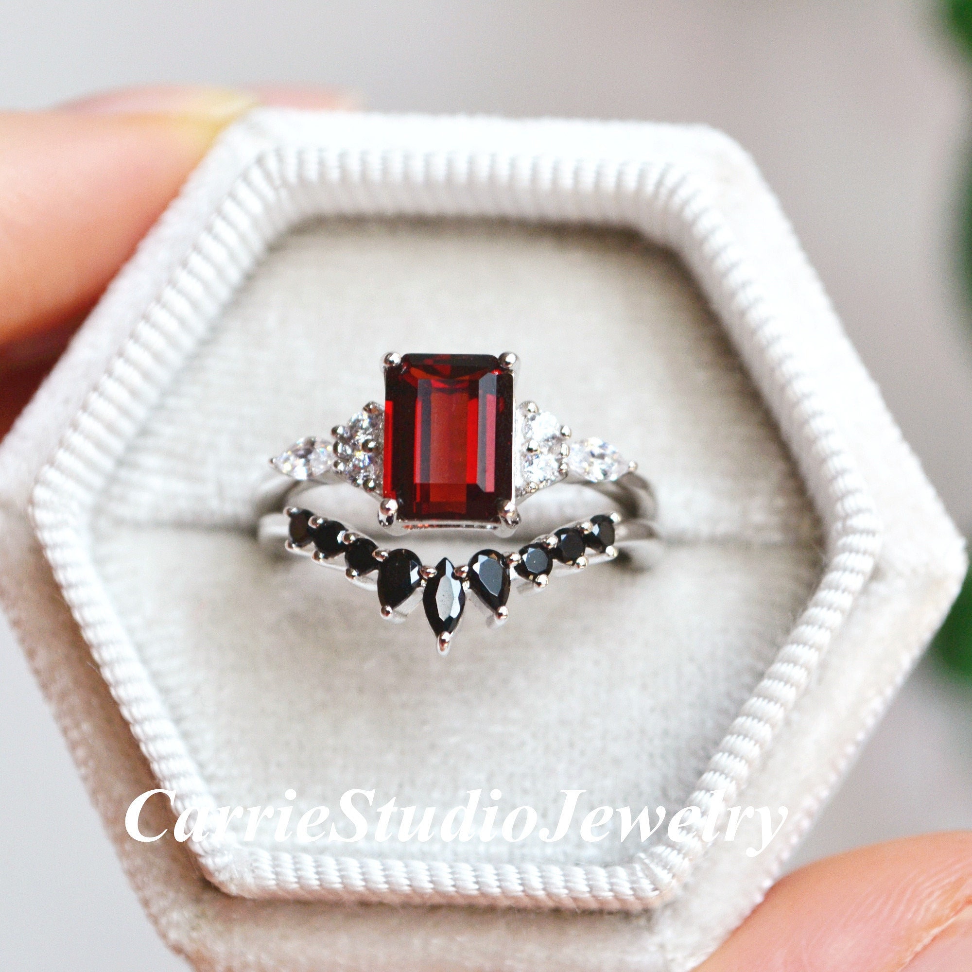 Vintage Garnet Black Diamond Ring Set - Emerald Cut Garnet Engagement Stacking Ring Set Silver- Anniversary Gift For Her