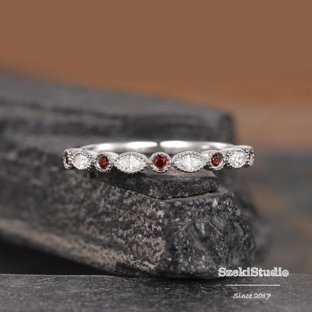 Garnet Wedding Band Women Marquise Shaped Diamond Matching Band Milgrain Art Deco Half Eternity Promise Ring Delicate Minimalist Garnet Wedding Band Women Marquise Shaped Diamond Matching Band Milgrain Art Deco Half Eternity Promise Ring Delicate Minimalist