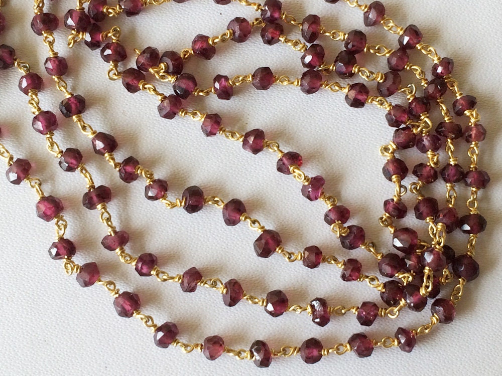 3mm Garnet Faceted Rondelle Beads In 925 Silver Wire Wrapped Rosary Style Chain Garnet Beaded Chain (1 Foot To 10 Feet Options) - Pgpr117