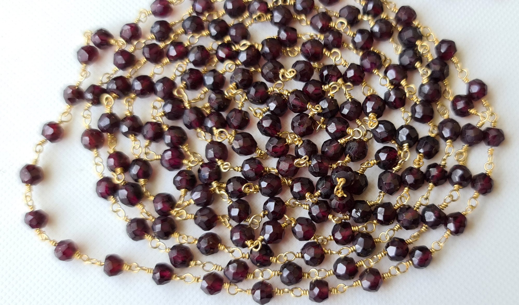 4.5mm Garnet Faceted Rondelle Beads In 925 Silver With Gold Polish Wire Wrapped Rosary Style Beaded Chain (1 Foot To 5 Feet Option)-pdg356