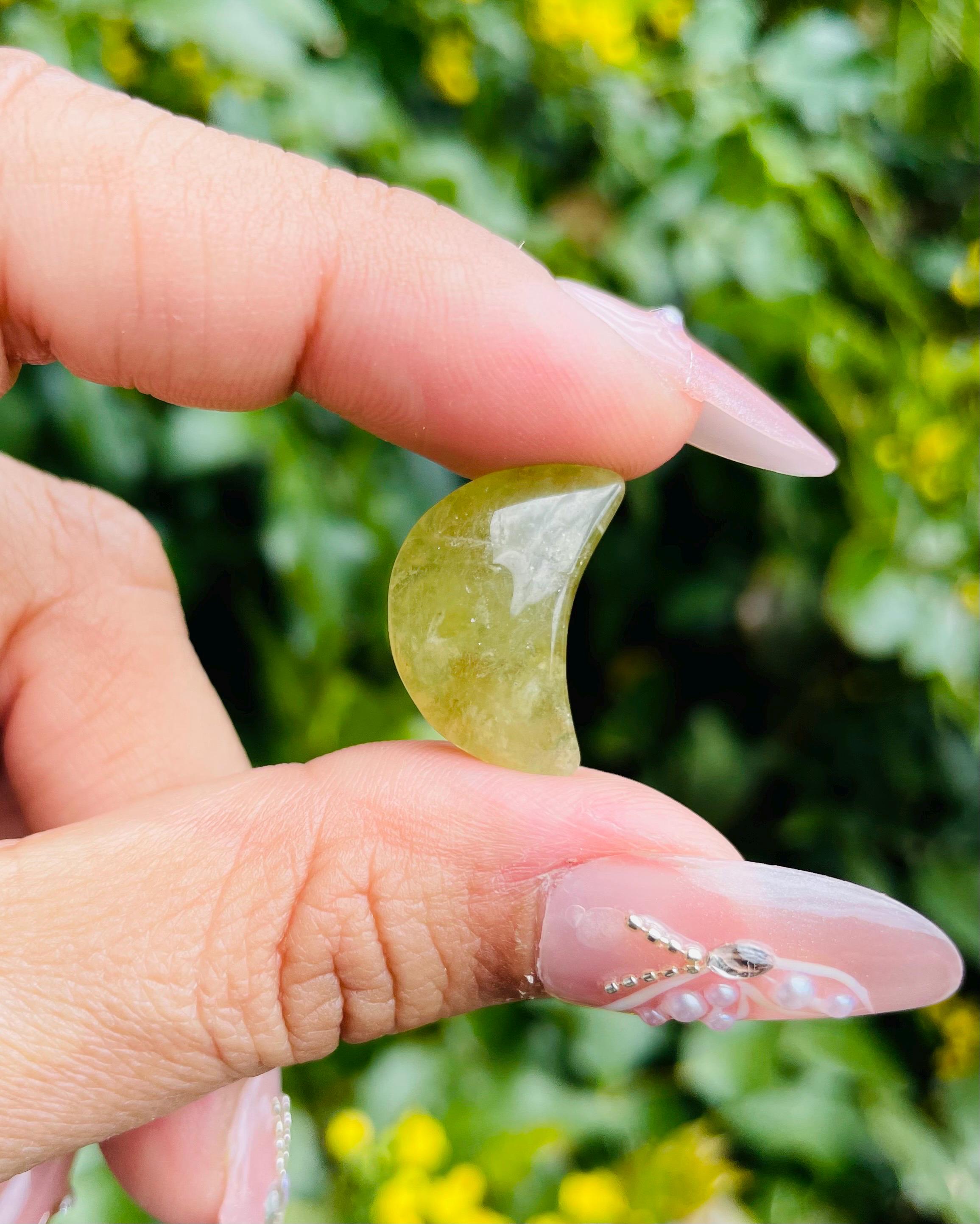 Green Garnet Moon Crystal: Olive Gemstone Carving (20x15mm)