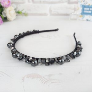 Gemstone Hematite hair piece Prom beaded headpiece Black gothic wedding headband Bridal crystal crown