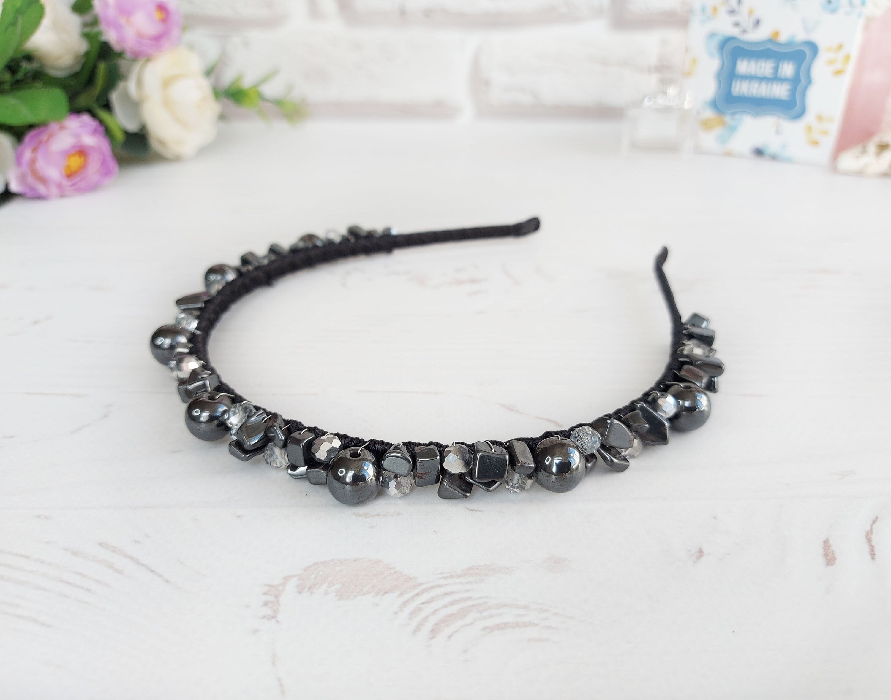 Gemstone Hematite Hair Piece Prom Beaded Headpiece Black Gothic Wedding Headband Bridal Crystal Crown Gemstone Hematite Hair Piece Prom Beaded Headpiece Black Gothic Wedding Headband Bridal Crystal Crown