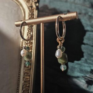 Gold Hoop Earrings with Actinolite Quartz & Freshwater Pearls