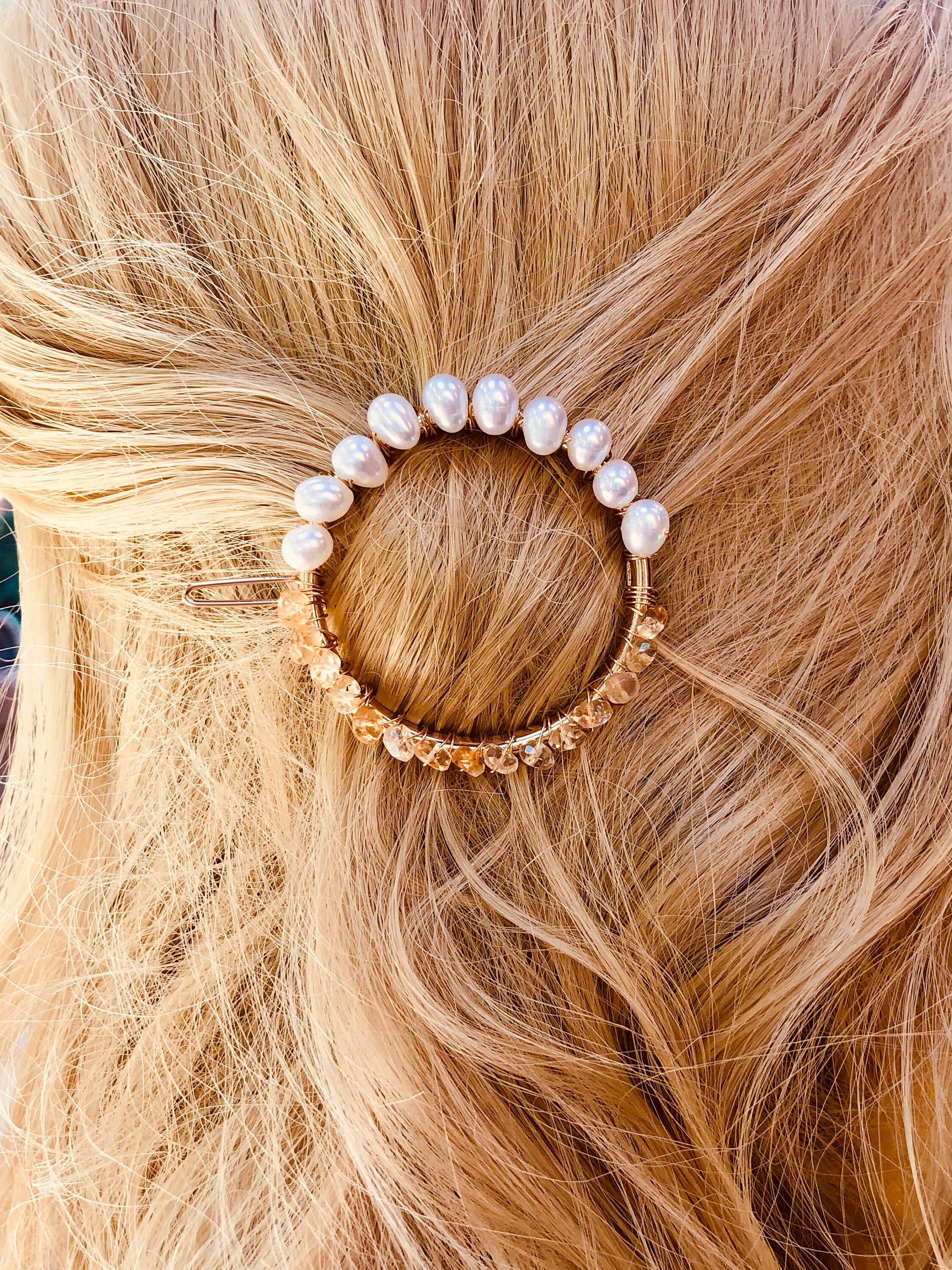Genuine  Citrine And Pearl Hair Clip Elegant Silver Or Gold Bridal Barrette For Women Handmade Gemstone Hair Clip For Long Hair Wedding Hair
