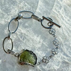 Genuine Moldavite Bracelet: Silver, Rhodium Plated Brass, 2.4g