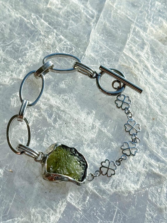 Genuine Moldavite Bracelet: Silver, Rhodium Plated Brass, 2.4g