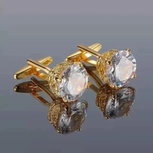 Gold Plated Filigree Crystal Cufflinks, Round Solitaire Men's Wedding Jewelry