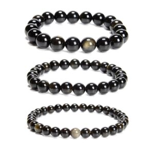 Gold Sheen Obsidian Smooth Round Beads Bracelet 6mm To 10mm 7.5''length 3pcs/set