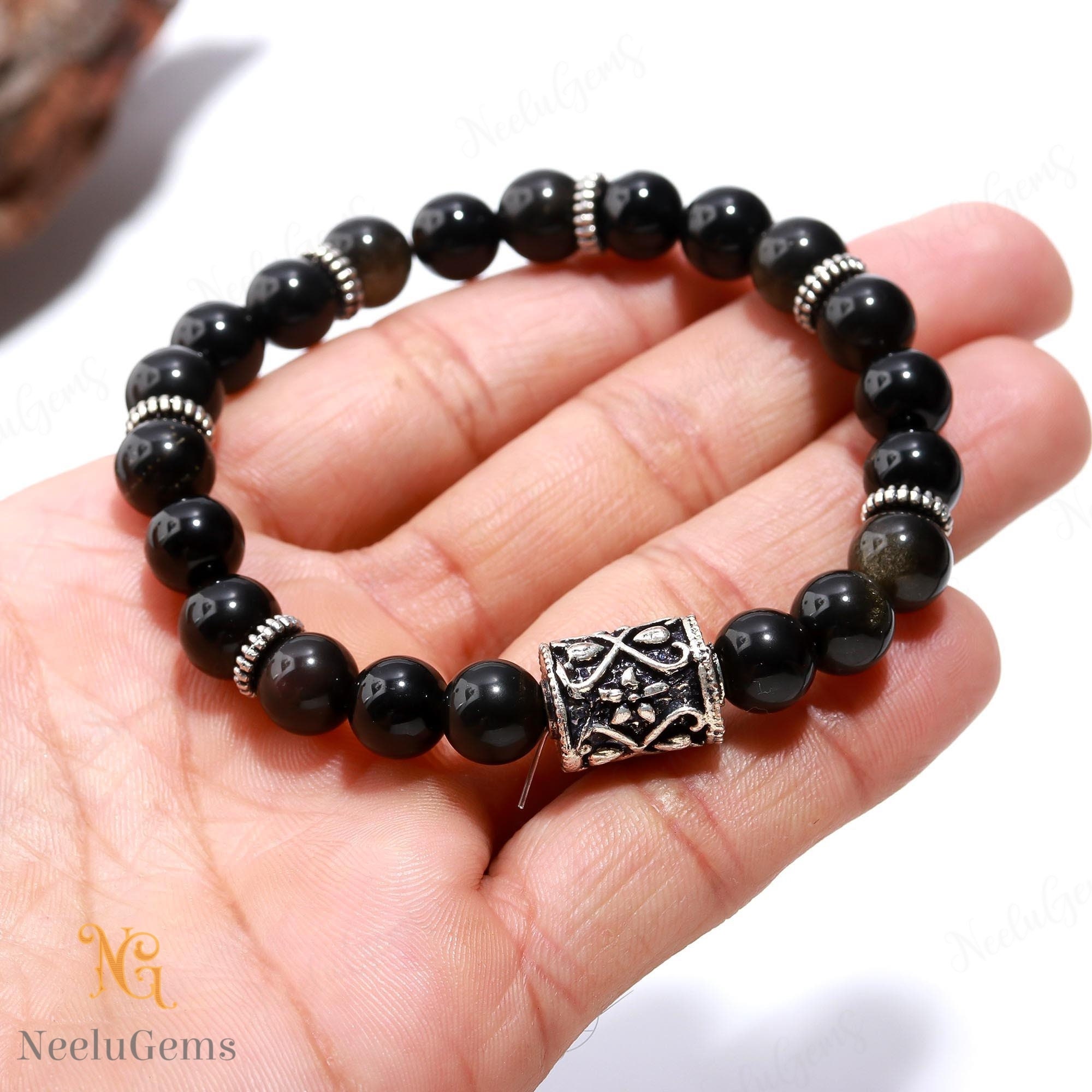 Natural Golden Obsidian Bracelet 8mm, Gold Sheen Protection Stone For Wealth & Power, Black Shimmer Gemstone, Unisex Gift For Him Her