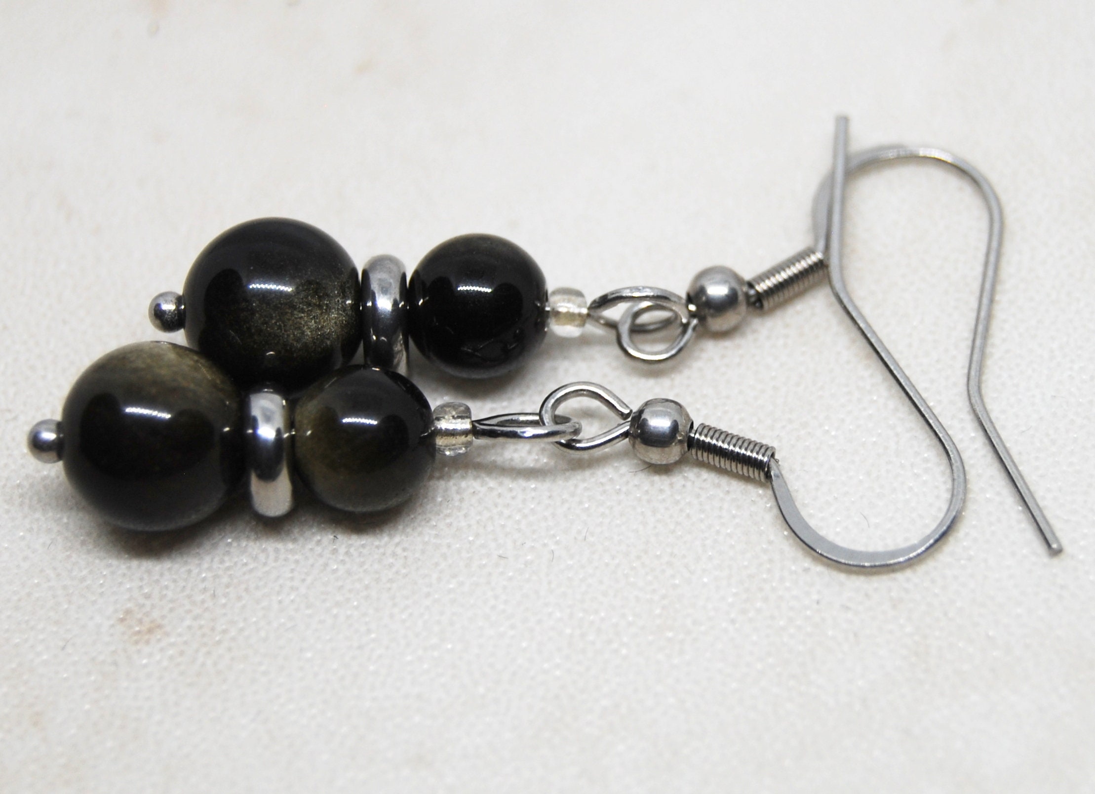 Glimmering Golden Obsidian Earrings 6-8mm With Stainless Steel Accents, Surgical Steel Ear Wires