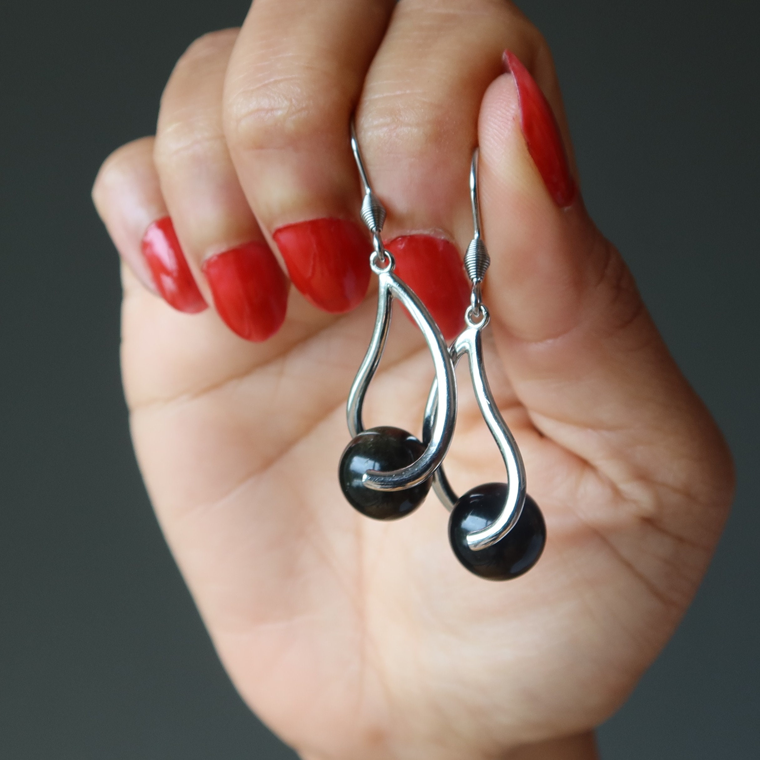 Gold Sheen Obsidian Earrings, Silver-plated Protection Jewelry