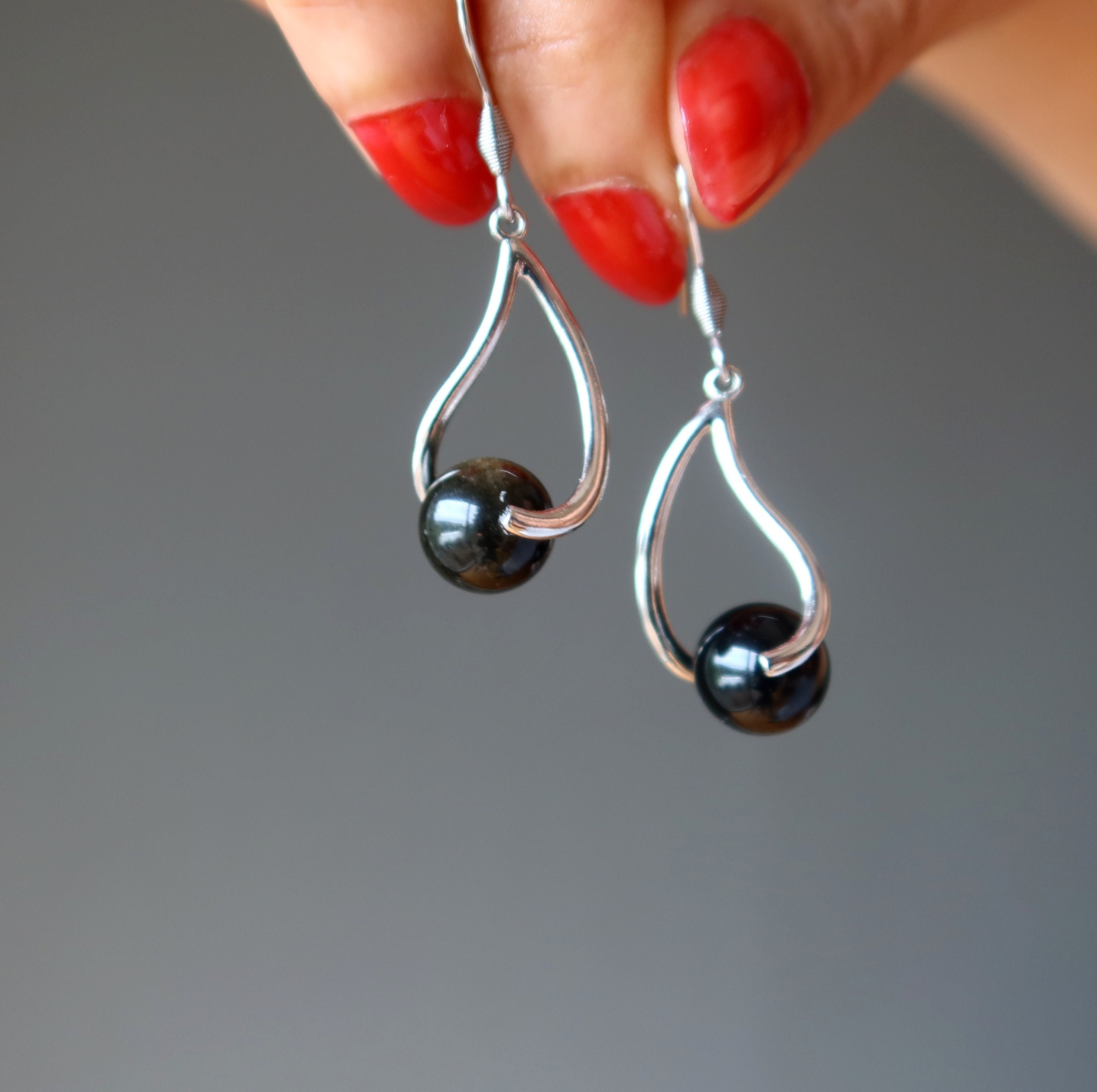 Gold Sheen Obsidian Earrings, Silver-plated Protection Jewelry Gold Sheen Obsidian Earrings, Silver-plated Protection Jewelry