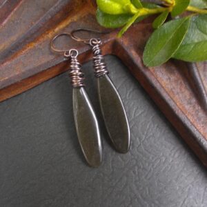 Golden Obsidian Earrings, Gray Stone Slab Dangles, Artisan Copper Wire Wrap