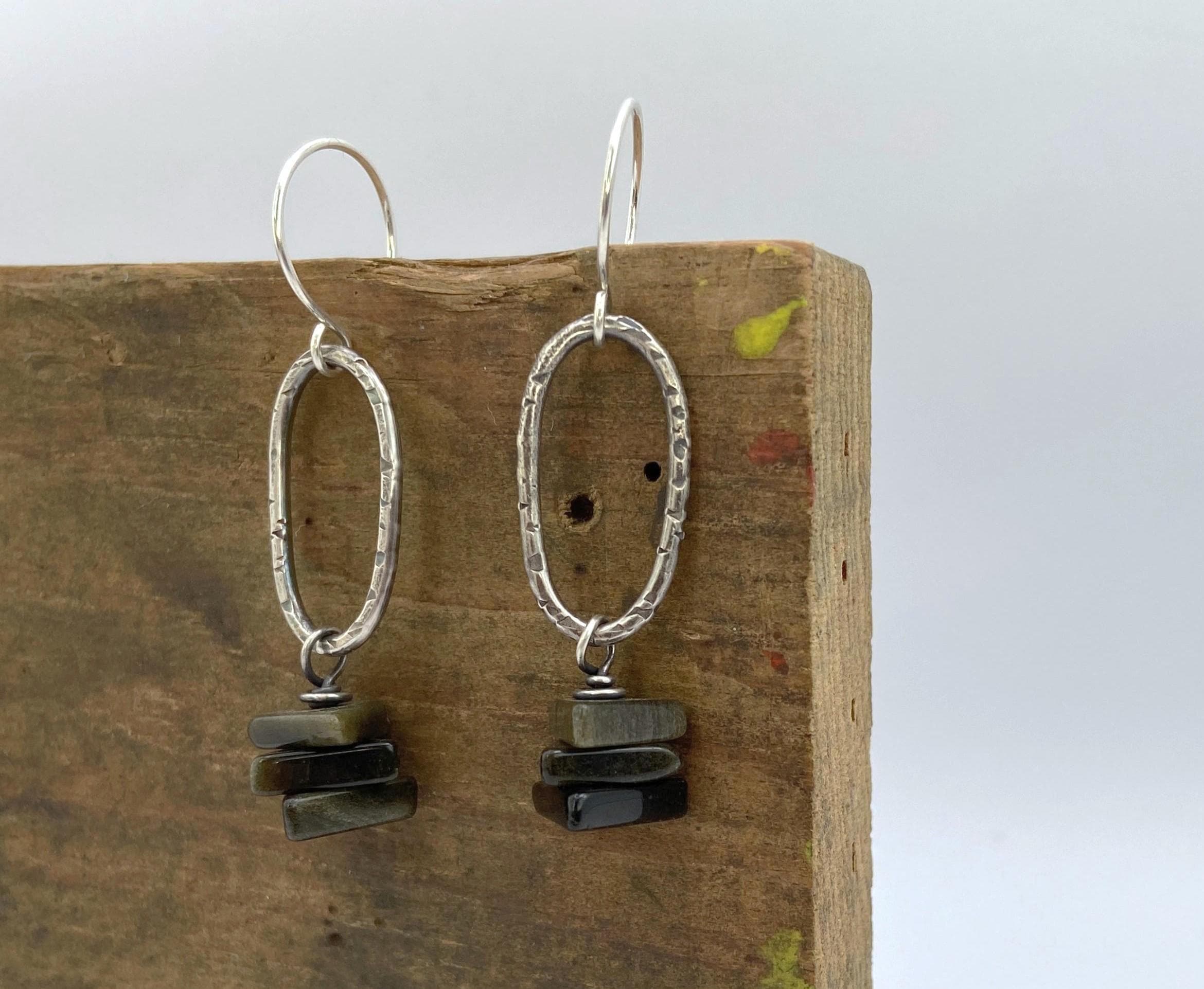Hammered Sterling Silver Dangle Earrings With Golden Obsidian