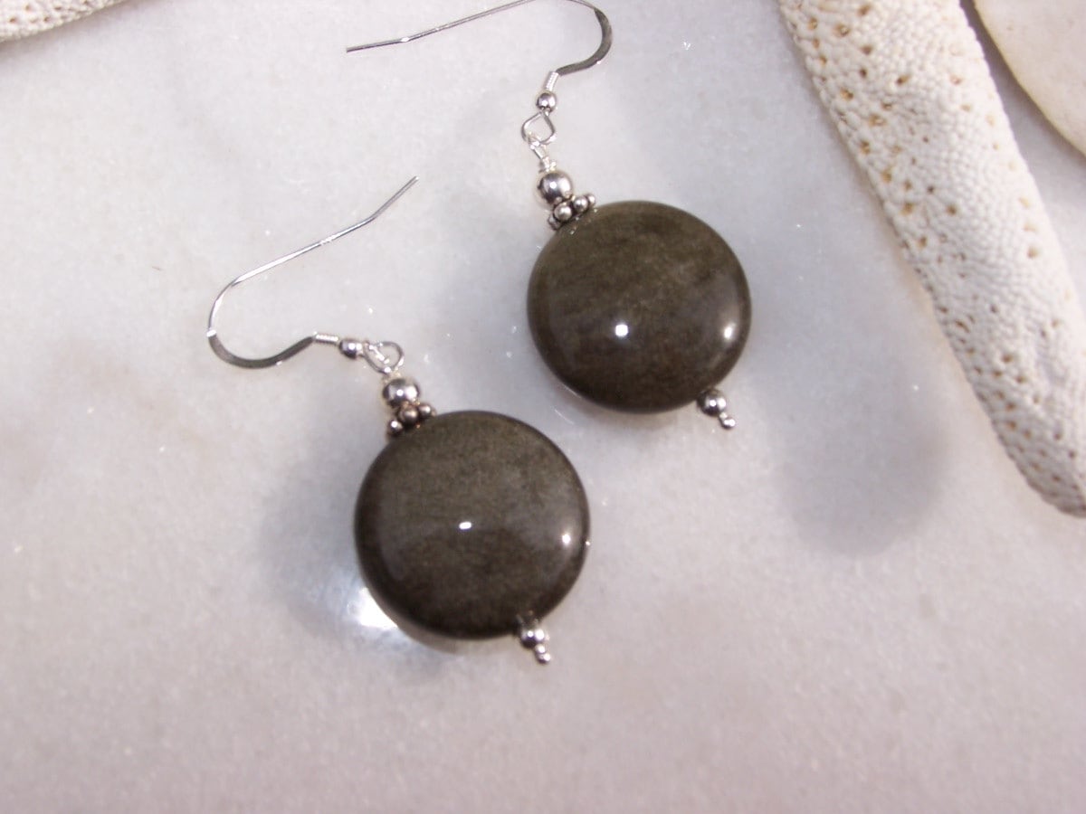 Golden Sheen Obsidian Earrings, Sterling Silver, Volcanic Glass