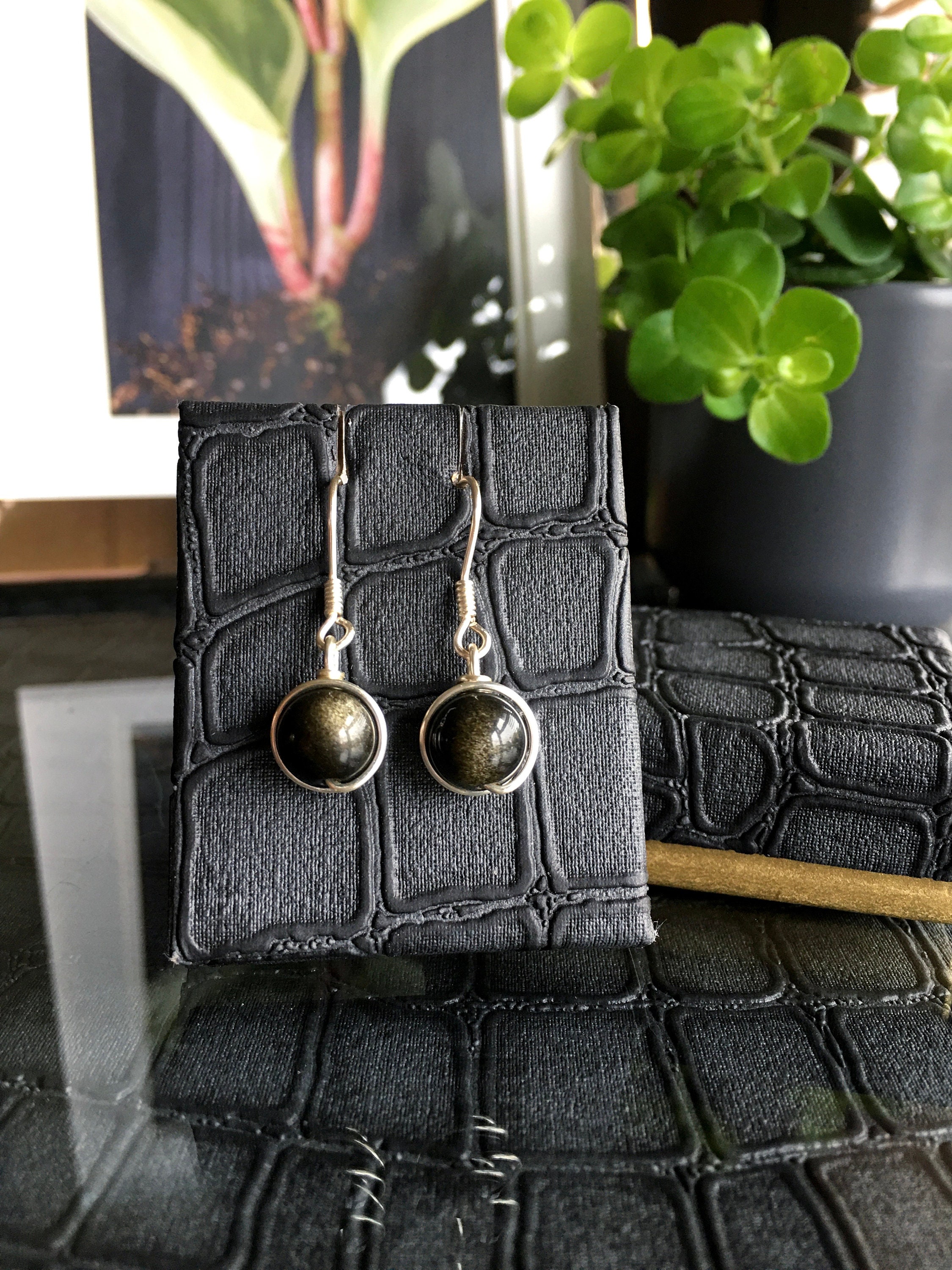 Simple Golden Obsidian Dangle Earrings, Handmade Gift Box