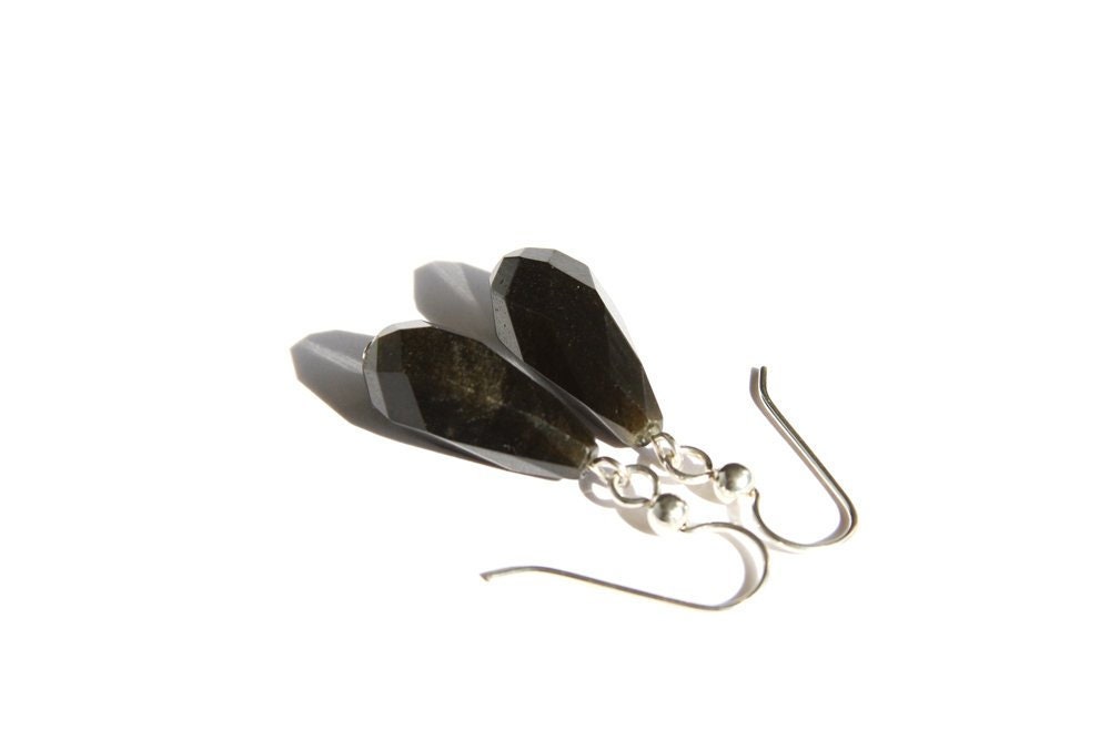 Obsidian Sterling Earrings, Golden Sheen Black Obsidian Natural Volcanic Stone On Argentium Silver Earwires