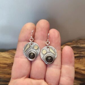 Sterling Silver and 18K Gold Bi Metal Earrings with Golden Obsidian, Artisan Gemstone Earrings
