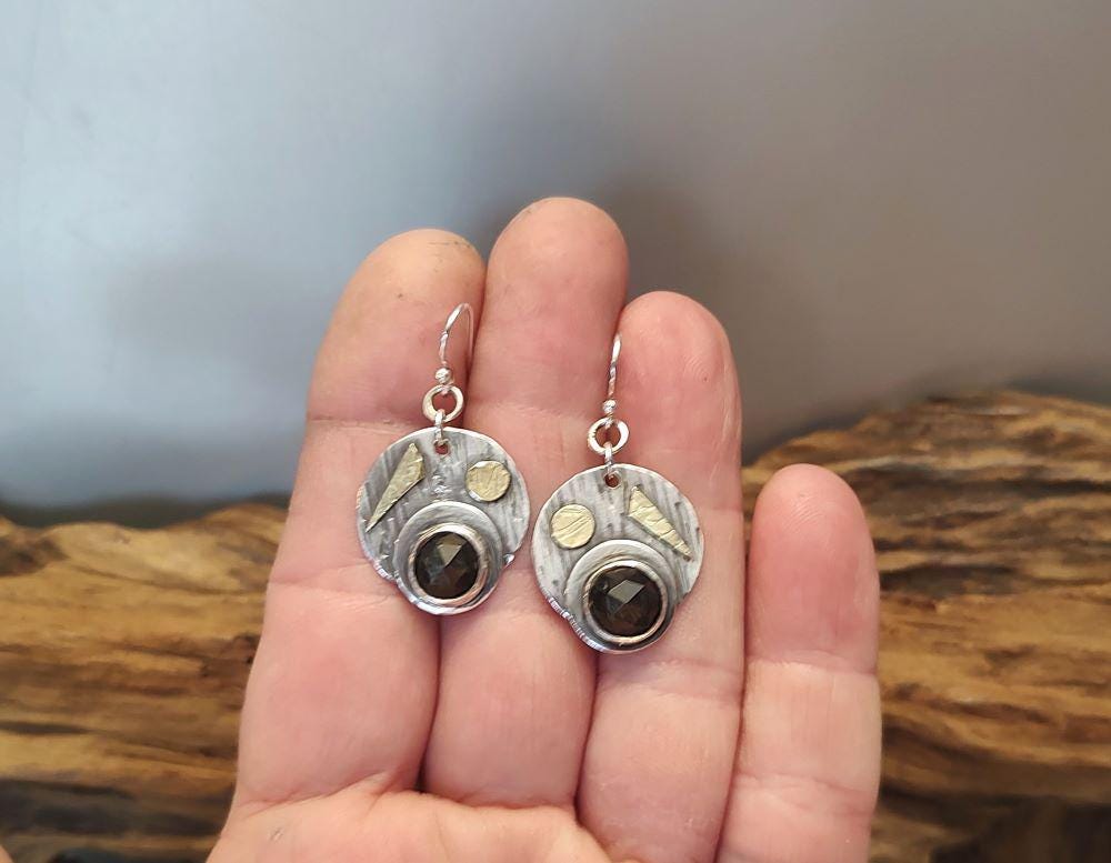 Sterling Silver And 18k Gold Bi Metal Earrings With Golden Obsidian, Artisan Gemstone Earrings