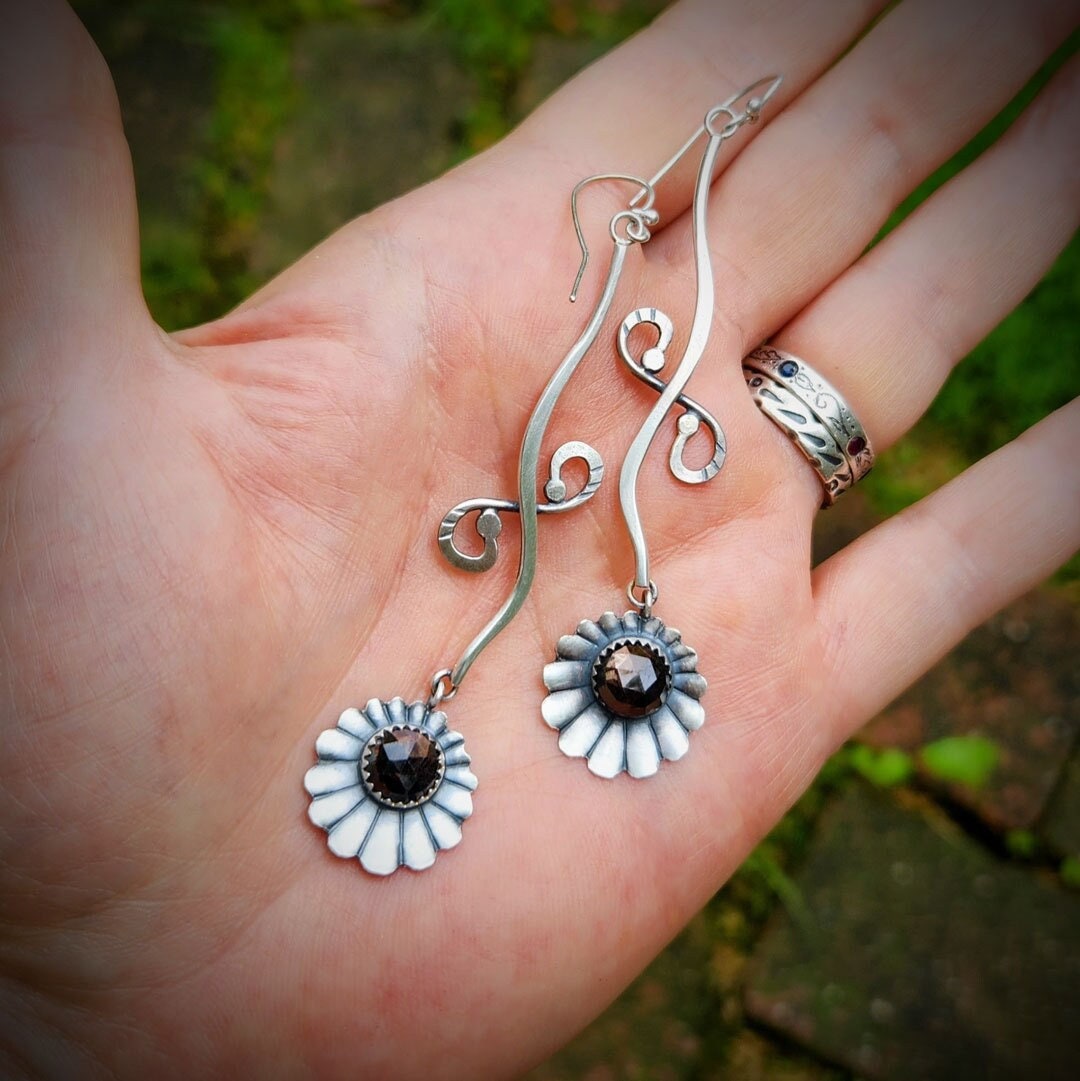 Golden Obsidian Stylized Flower Earrings