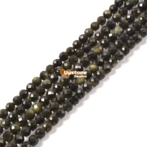 02774 3.7mm to 4.7mm Faceted Golden Obsidian Round Sphere  Loose Beads DIY Jewelry Making Strand 15.5-16"