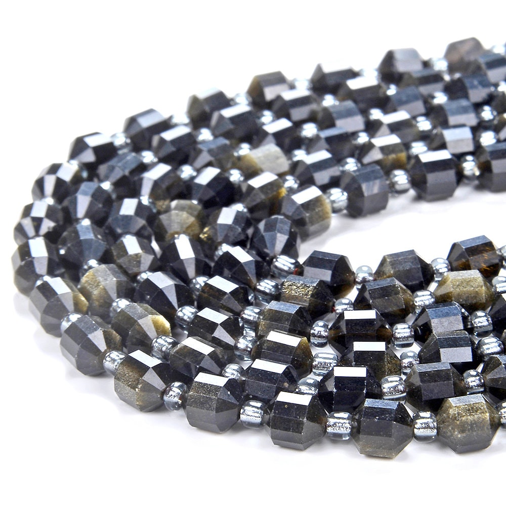 6mm Golden Obsidian Gemstone Faceted Prism Double Point Cut Loose Beads (d112)