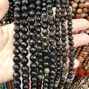 Golden Obsidian Faceted Beads 6mm 8mm 10mm, Natural Black Gold Gemstone Beads, Black Gold Mala Yoga Meditation Beads