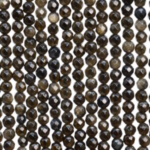 Genuine Natural Golden Obsidian Gemstone Beads 4mm Black Faceted Round Aaa Quality Loose Beads (107266)