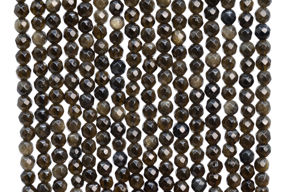 Genuine Natural Golden Obsidian Gemstone Beads 4mm Black Faceted Round Aaa Quality Loose Beads (107266)