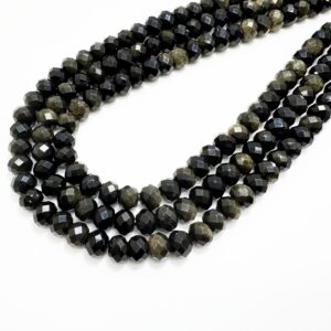 Golden Obsidian Faceted Rondelle Beads 6x8mm | Natural Black Gold Sheen Gemstone Beads | 14.5” Strand | Jewelry Making Supplies - Rdf04